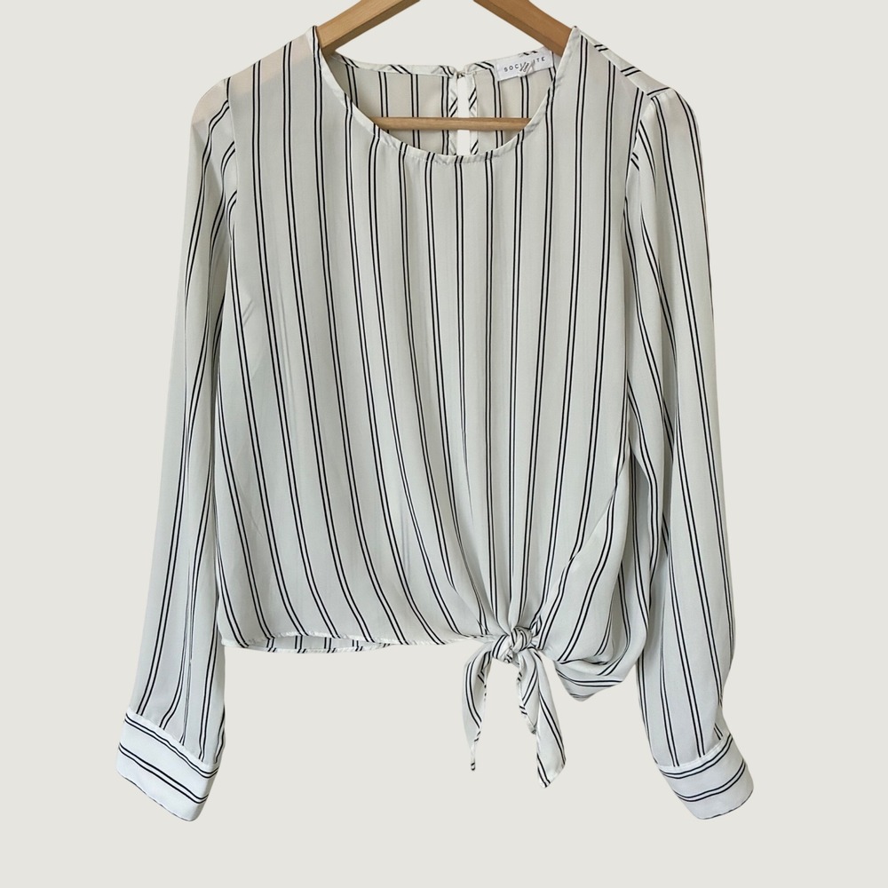 Socialite Womens White Black Striped Front Tie Long Sleeve Blouse Small